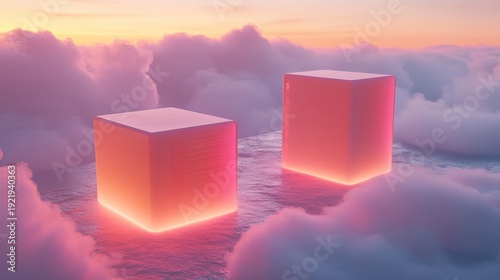 Two glowing abstract geometric cubes floating on a reflective surface amidst soft clouds and a pastel sky, representing futuristic digital concepts.