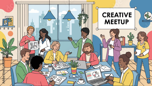 Diverse Group of Creative Professionals Collaborating at a Meetup.