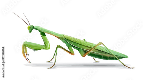 Digitally painted, side view of a green insect with extended forelegs and antennae. On white