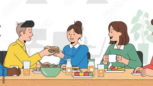 Diverse group of friends enjoying a meal together at a table.