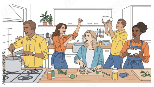 Diverse group of friends cooking and having fun together in a modern kitchen.