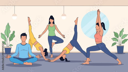 Diverse group of people practicing various yoga poses in a studio.