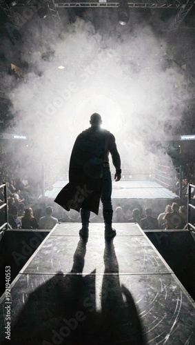 Wrestler Silhouette Entering Arena with Backlit Volumetric Fog