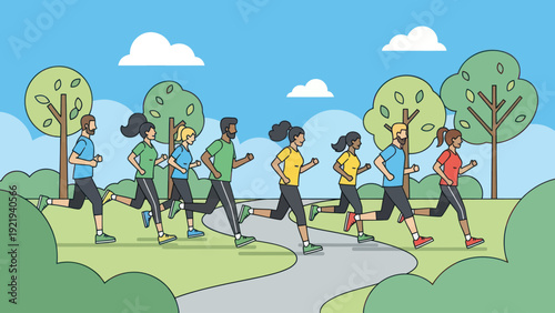 Diverse Group of People Running Together in a Park.