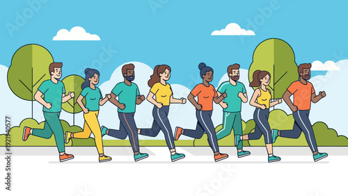 Diverse Group of People Running Together in a Park.
