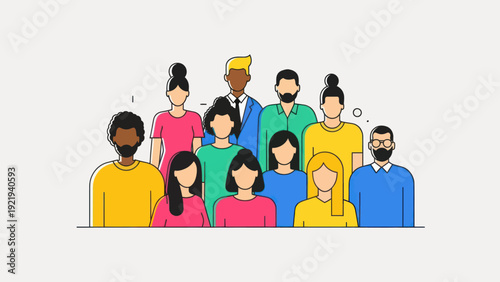 Diverse Group of People Standing Together in a Modern Flat Line Art Style.