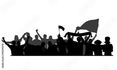 Silhouettes of football fans cheering in the stadium. Perfect for illustrating a crowded match