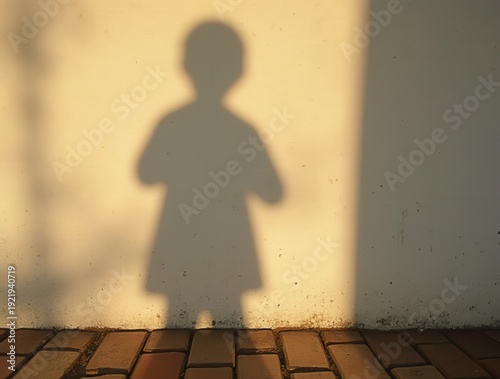 Child's shadow projecting on wall during golden hour