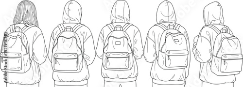 Backpack rear view sketch collection, hoodie wearing person with school bag outline illustration set isolated on white background