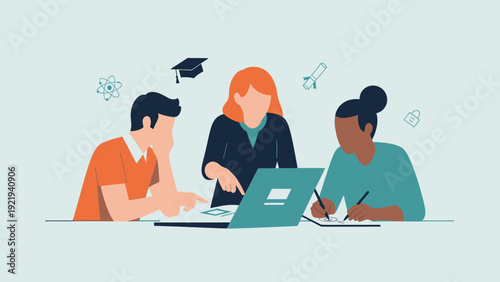 Diverse students collaborating on a project with a mentor.