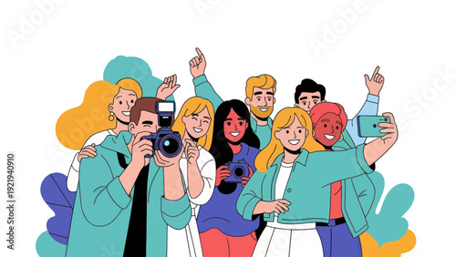 Diverse group of young people taking photos and selfies together.