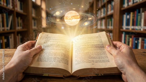 POV Student Holding Open Textbook Projecting 3D Solar System Hologram