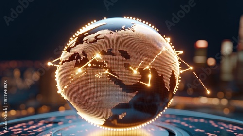 Futuristic digital world with interconnected data points on a luminous planet Earth.