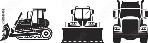 Bulldozer and snow plow truck silhouettes, heavy construction and winter road maintenance machinery vector illustration set