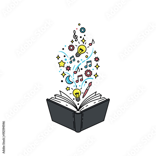 An open book emits colorful music notes, stars, and a lightbulb in a creative scene.