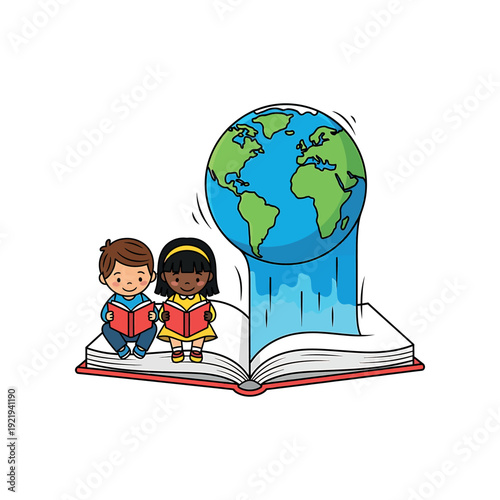 Children reading books on a giant open book with the Earth emerging from its pages in an illustration