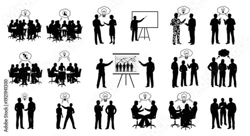 Business meeting and presentation silhouettes with ideas.
