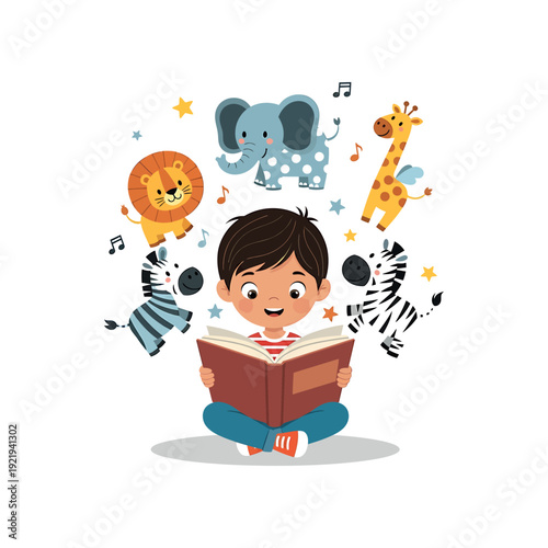 Young boy reading a book surrounded by cartoon animals in a whimsical scene with music notes and stars
