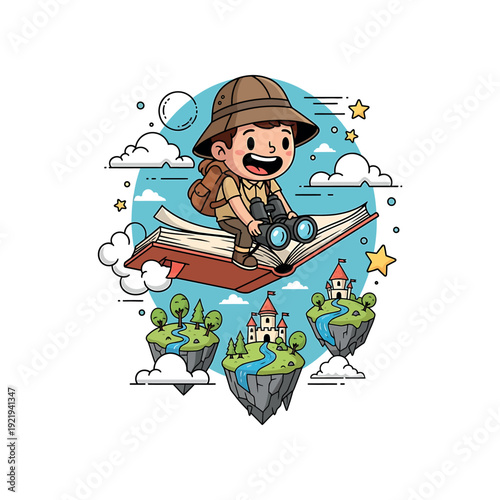 Cartoon explorer flying on a magical book over fantasy islands with binoculars and backpack