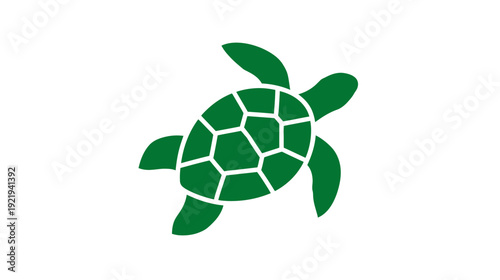 Simple green turtle icon floating diagonally with a segmented shell on white background