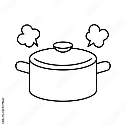 調理中を示した湯気が立つ鍋のシンプル線画アイコン素材