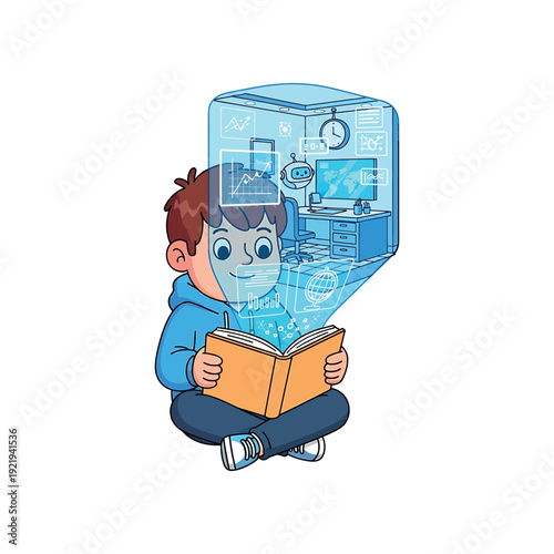 Young boy reading book with futuristic technology emanating from his head in a digital illustration