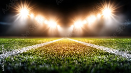Dramatic View of a Green Football Field Under Bright Stadium Lights.
