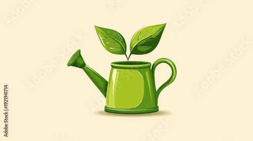 Illustration of a green watering can with two leaves sprouting from it against a neutral background