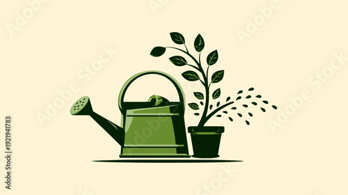 A serene illustration of a green watering can next to a potted plant with water droplets