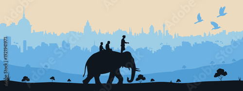 Elephant silhouette with children riding, safari wildlife landscape against panoramic city skyline vector illustration at sunset