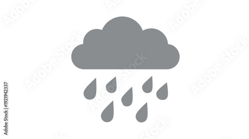 A gray cartoon cloud with raindrops falling below against a white background, simplistic icon