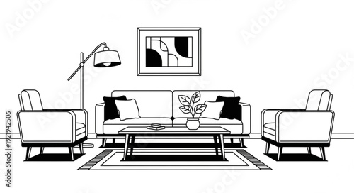 Modern living room interior design sketch with sofa and armchairs.