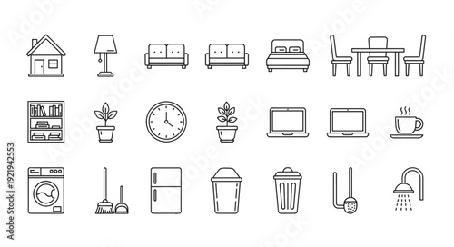 Collection of Hand Drawn Household Objects and Furniture Icons.