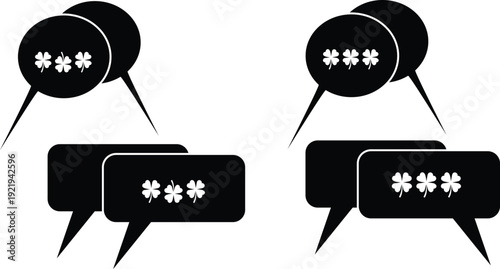 Black speech bubbles with white clover symbols and asterisks