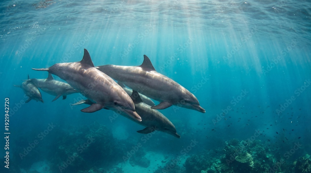 Fototapeta premium Several dolphins swim together gracefully through the clear, sunlit ocean water.