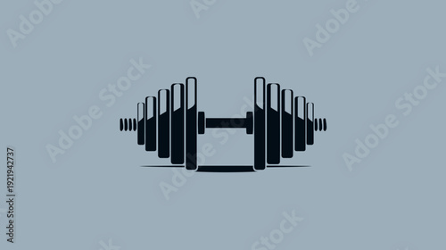Minimalist silhouette of a barbell, with stacked weights on each side against a grey background