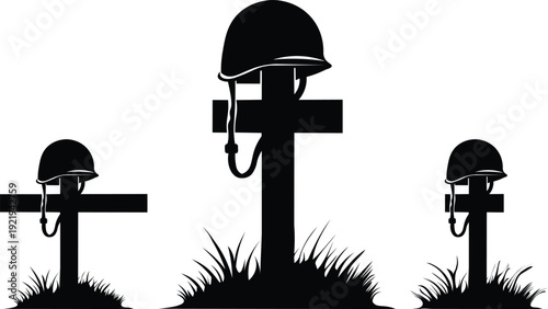 Three military helmets on crosses with grass silhouettes