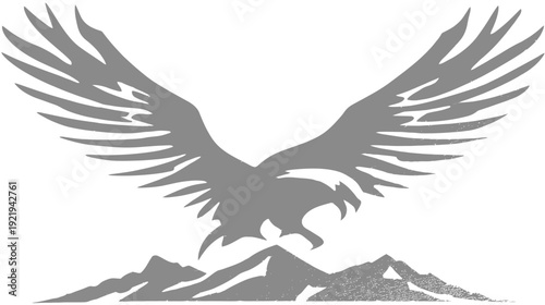 A grayscale illustration of a bird with outstretched wings above a mountain range