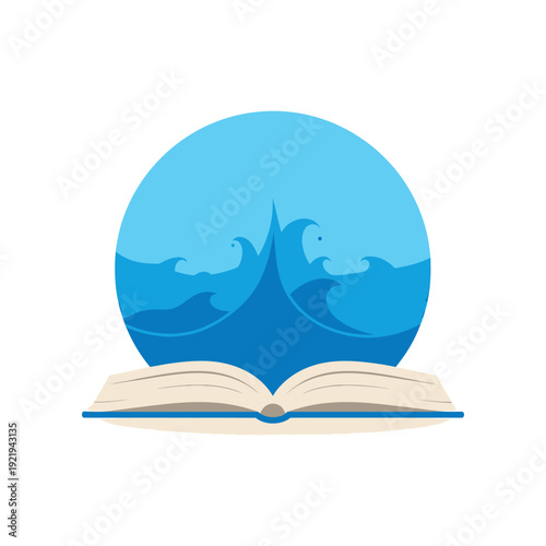 An open book reveals a wave design on a blue background illustration.