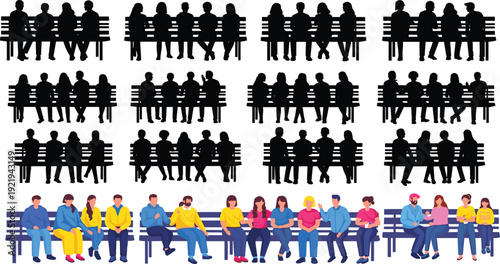 Group of people sitting on park bench, diverse men and women silhouettes and colorful characters, social gathering vector illustration