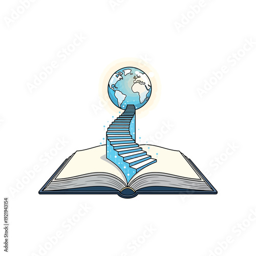 Stairway to global knowledge rising from open book illustration