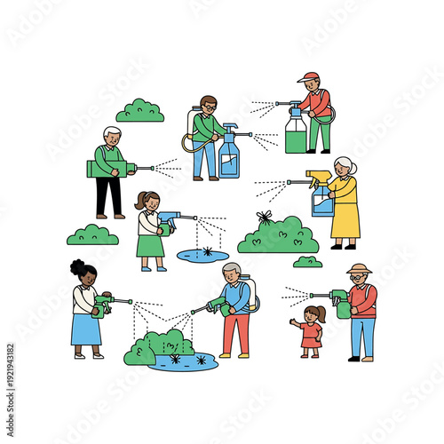 Community members using sprayers to control insects in green spaces and water sources together