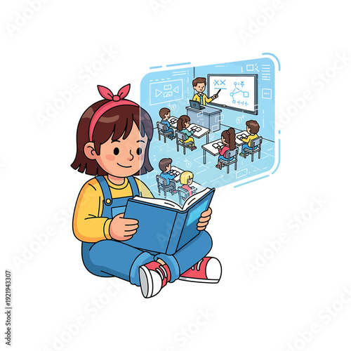 A young girl imagines a classroom scene while reading a book sitting cross-legged.