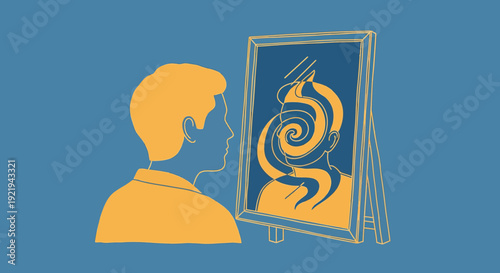 Illustration of man looking into mirror with swirling abstract reflection representing identity crisis