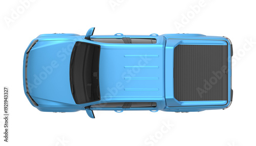 Bright blue pickup truck with a black tonneau covers top view isolated