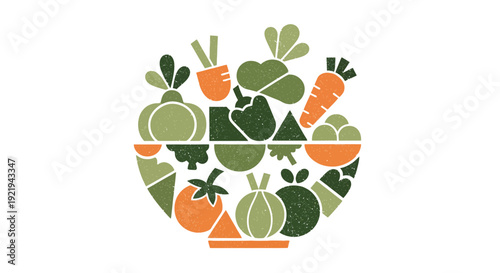 Abstract geometric vector illustration of bowl filled with fresh healthy vegetables for vegan diet