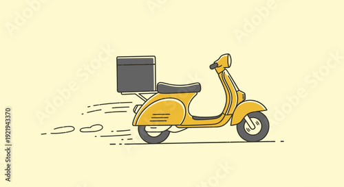 Yellow motor scooter with delivery box driving fast for food delivery service concept