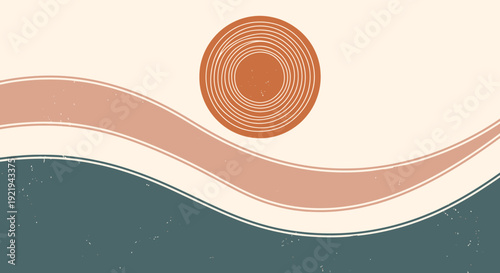 Abstract geometric landscape background with sun and wavy lines in retro terracotta and blue colors