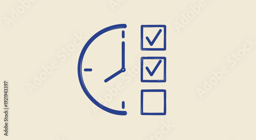 Blue line icon of clock face next to checklist with checkmarks representing time management