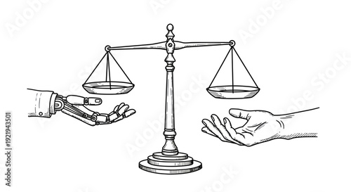 Hand drawn sketch of balance scale weighing robotic hand against human hand for AI concept